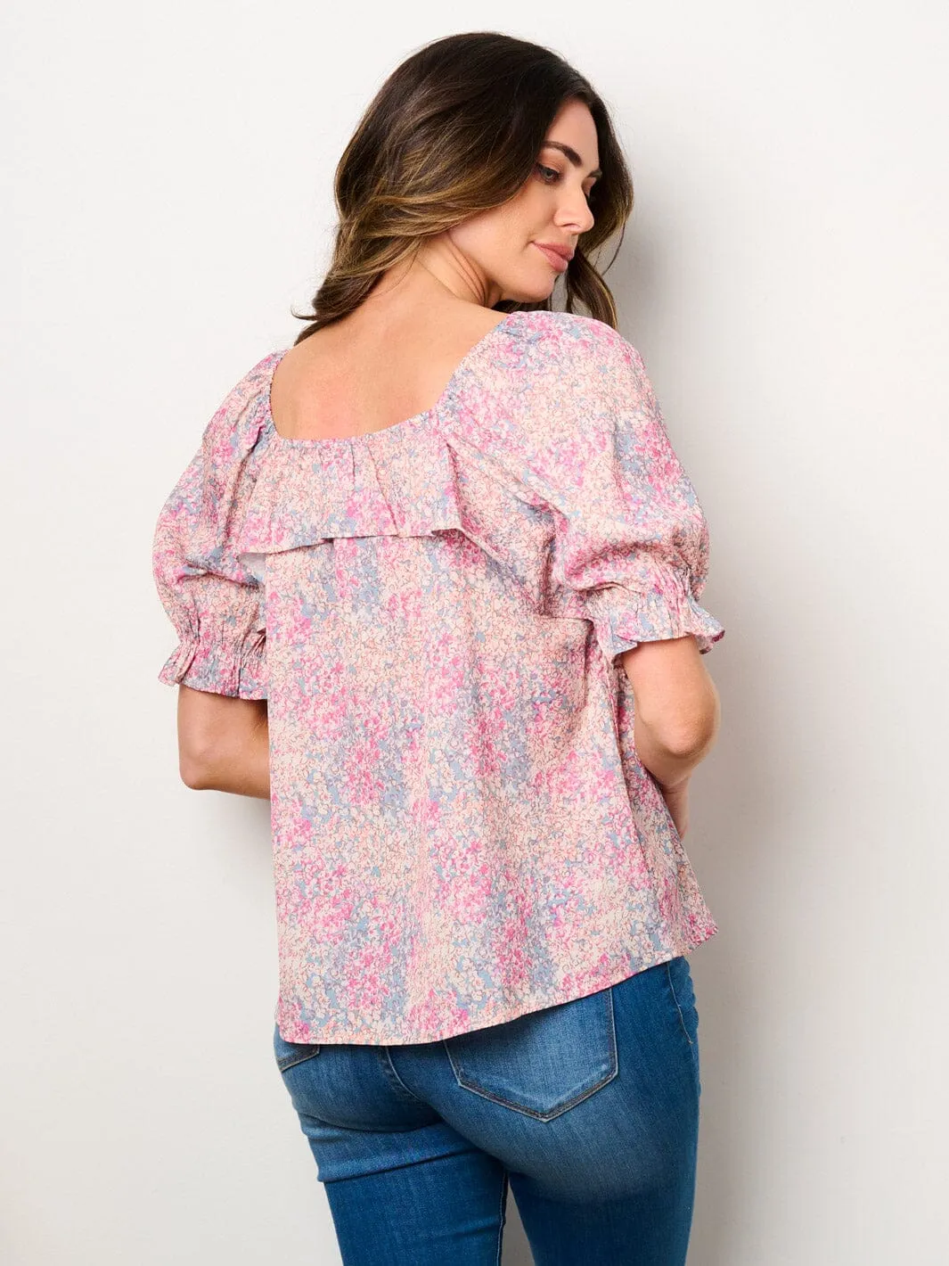 WOMEN'S SHORT PUFF RUFFLE FLORAL BLOUSE TOP