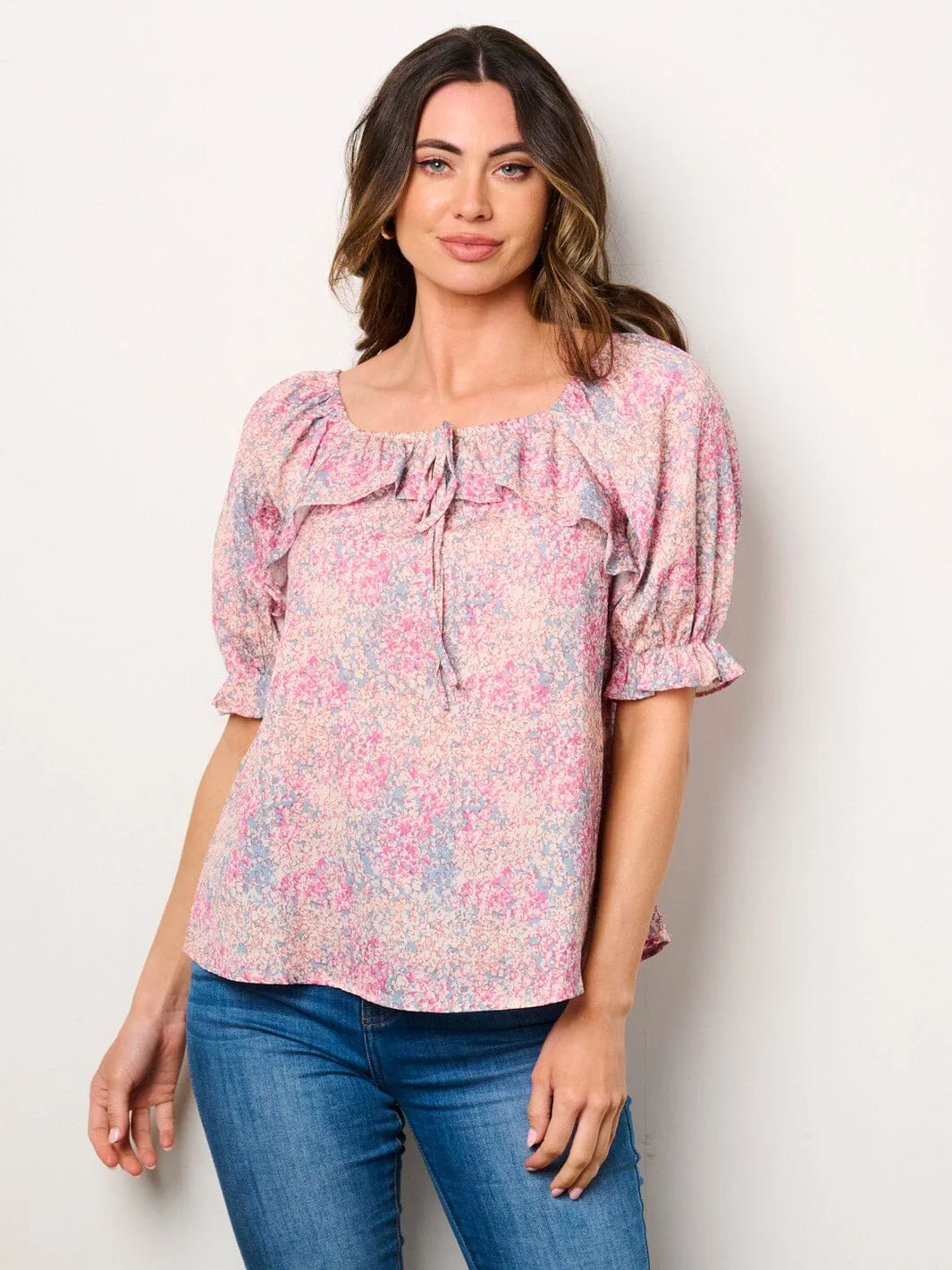 WOMEN'S SHORT PUFF RUFFLE FLORAL BLOUSE TOP