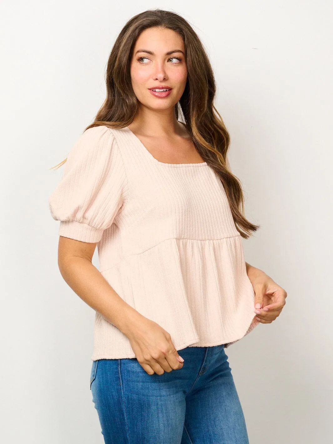 WOMEN'S SHORT PUFF SLEEVE SQUARE NECK BLOUSE TOP
