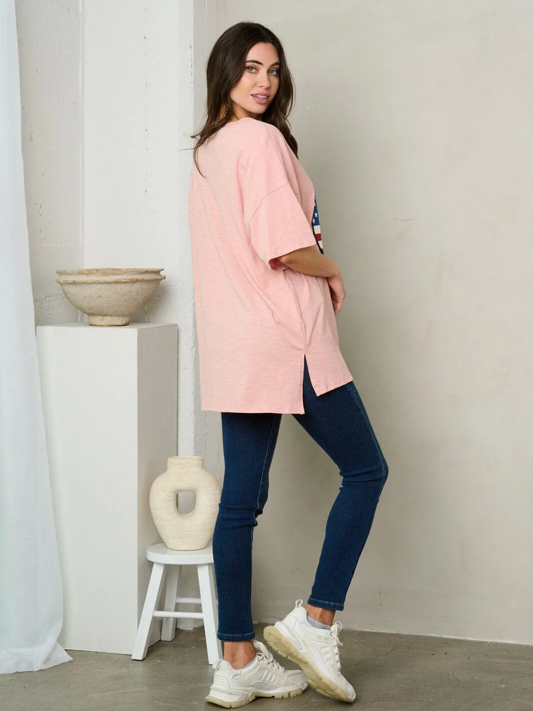 WOMEN'S SHORT SLEEVE GRAPHIC DETAILED OVERSIZE TOP