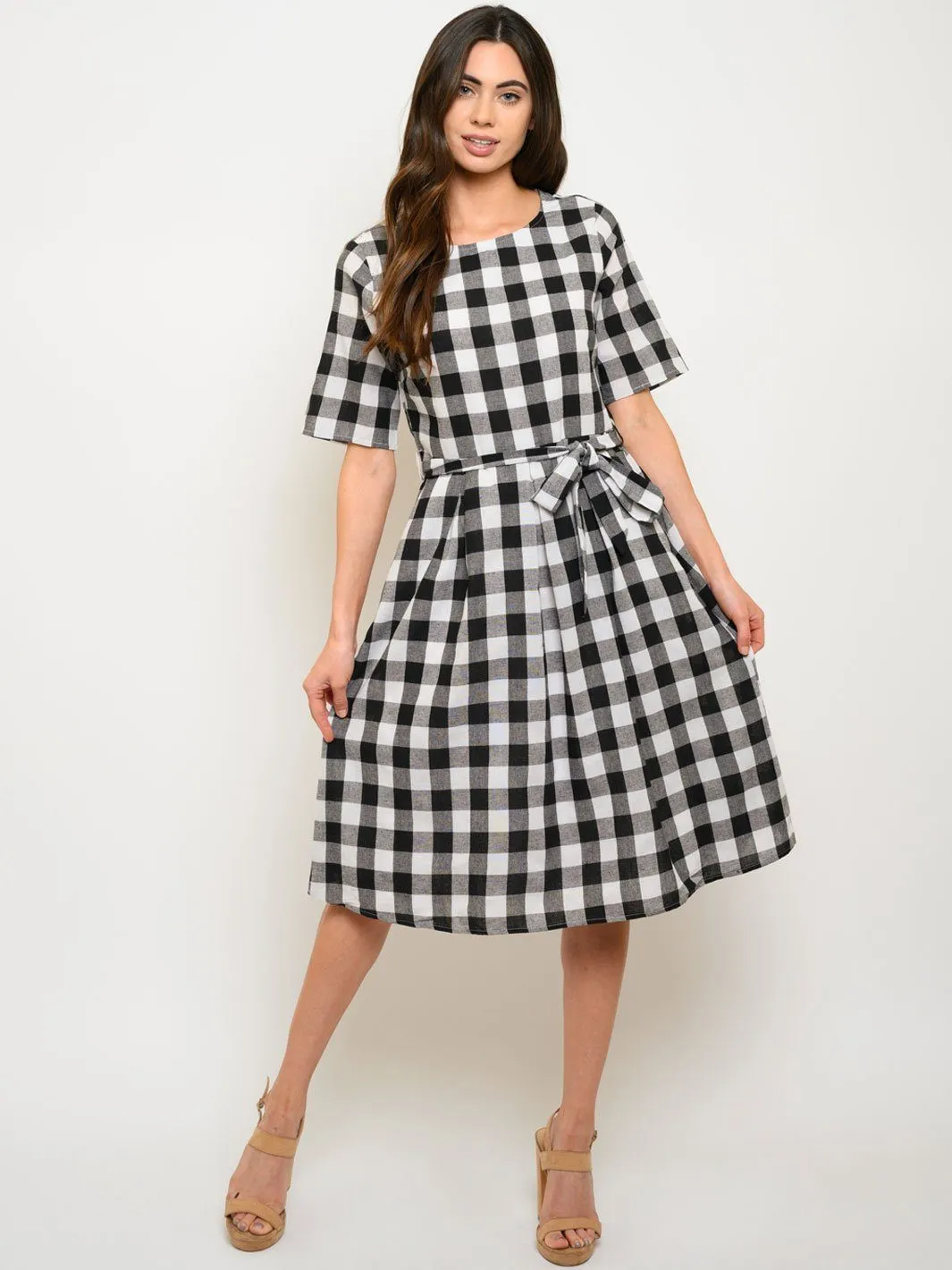 WOMEN'S SHORT SLEEVE POCKETS MIDI DRESS