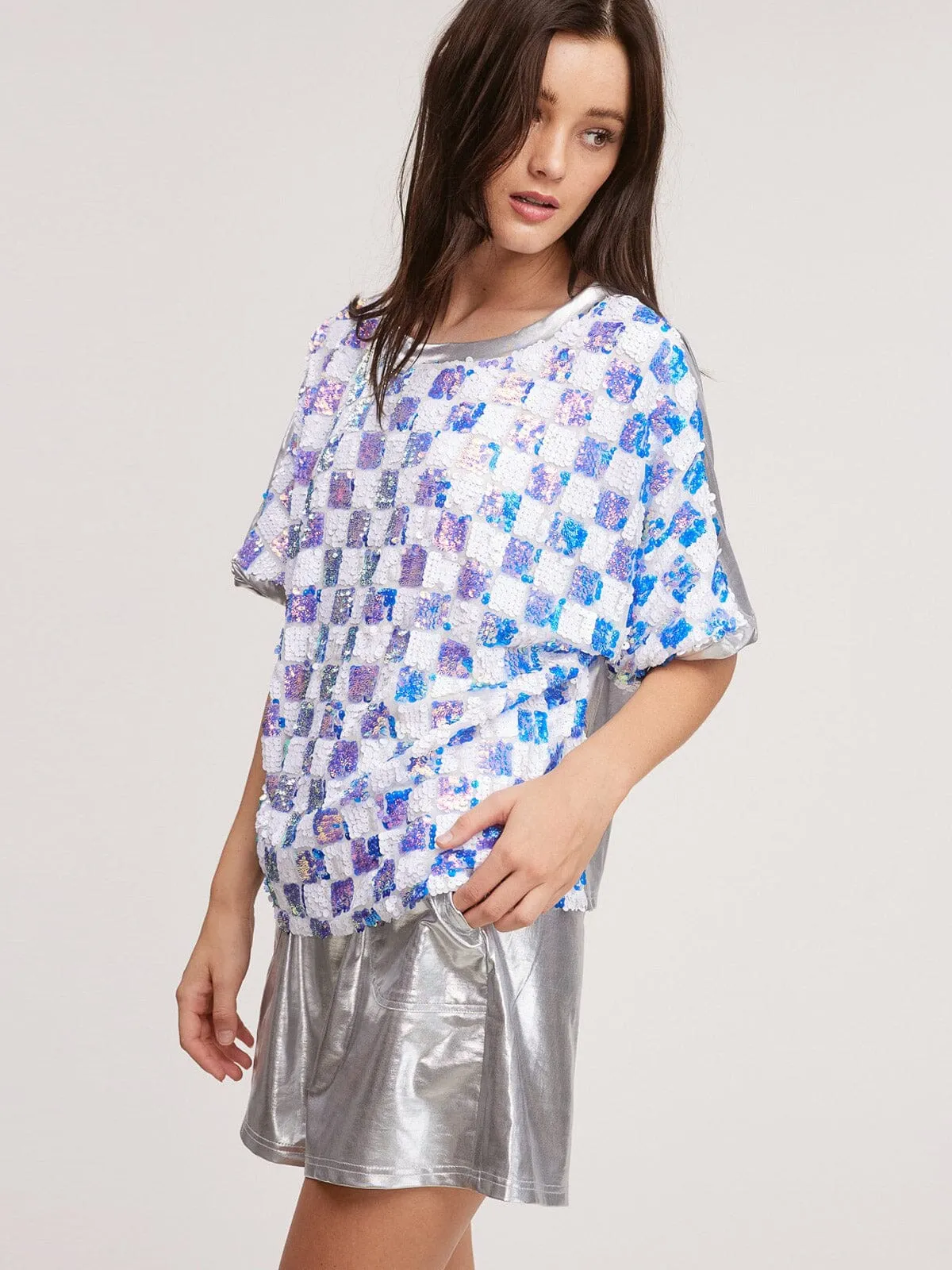 WOMENS SHORT SLEEVE SEQUINS CHECKERS MULTI TOP