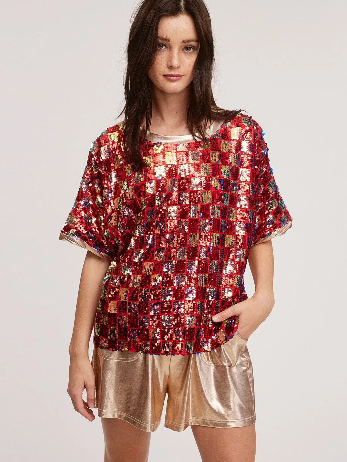 WOMENS SHORT SLEEVE SEQUINS CHECKERS MULTI TOP