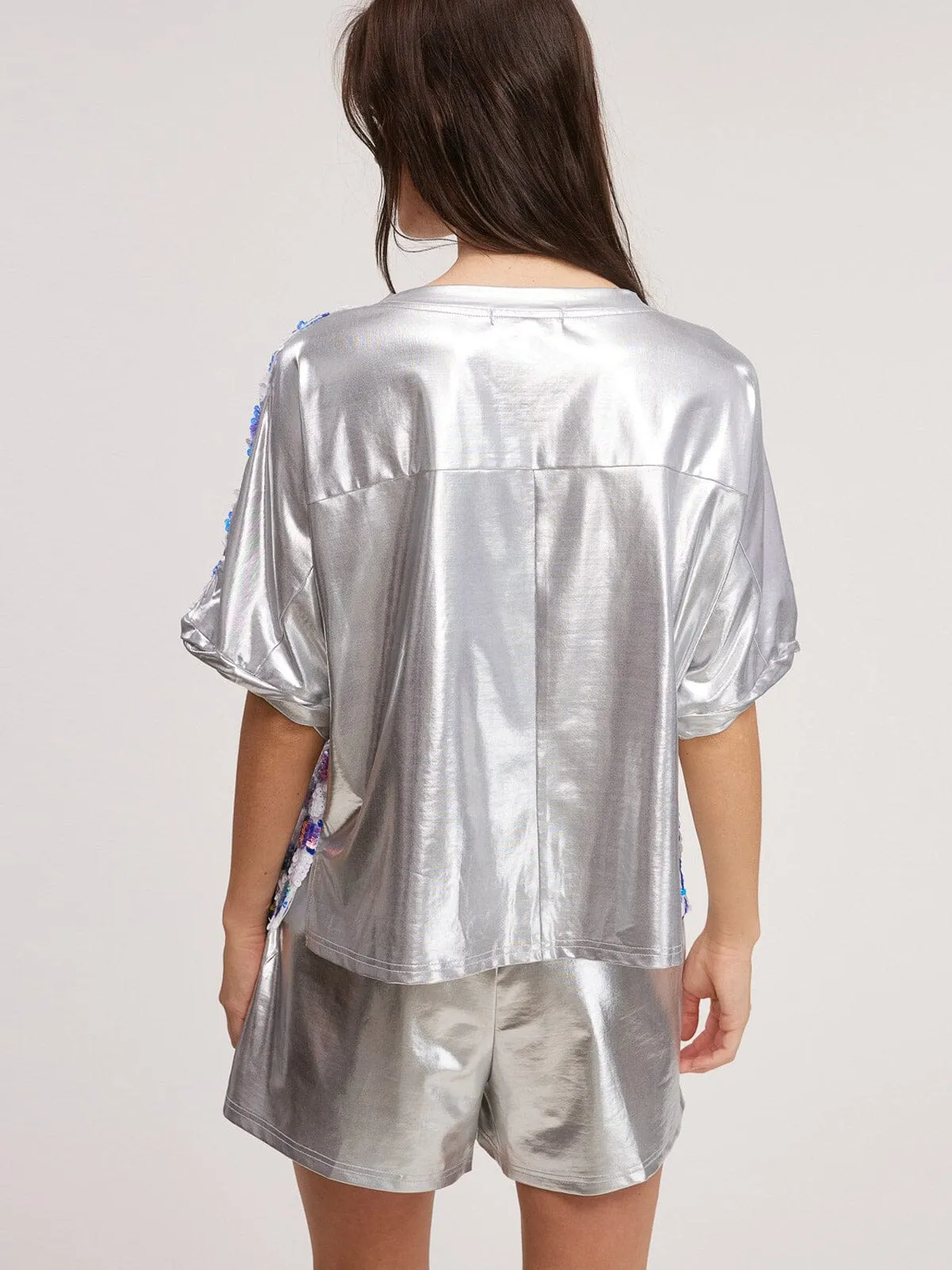 WOMENS SHORT SLEEVE SEQUINS CHECKERS MULTI TOP