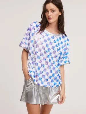 WOMENS SHORT SLEEVE SEQUINS CHECKERS MULTI TOP