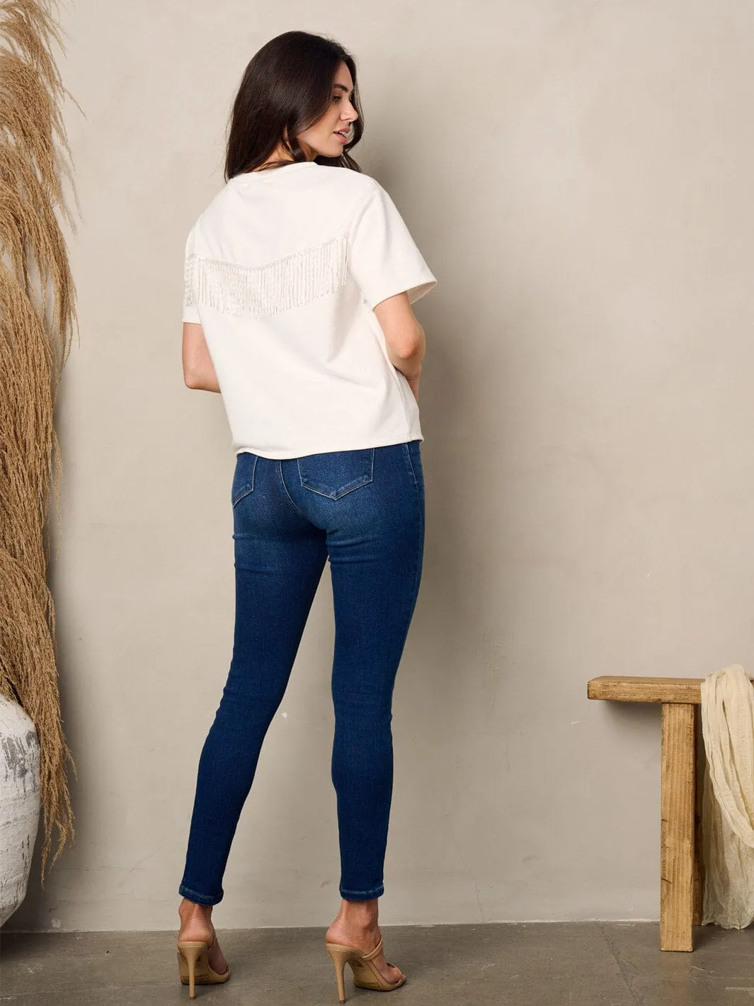 WOMEN'S SHORT SLEEVE SEQUINS DETAILED TOP