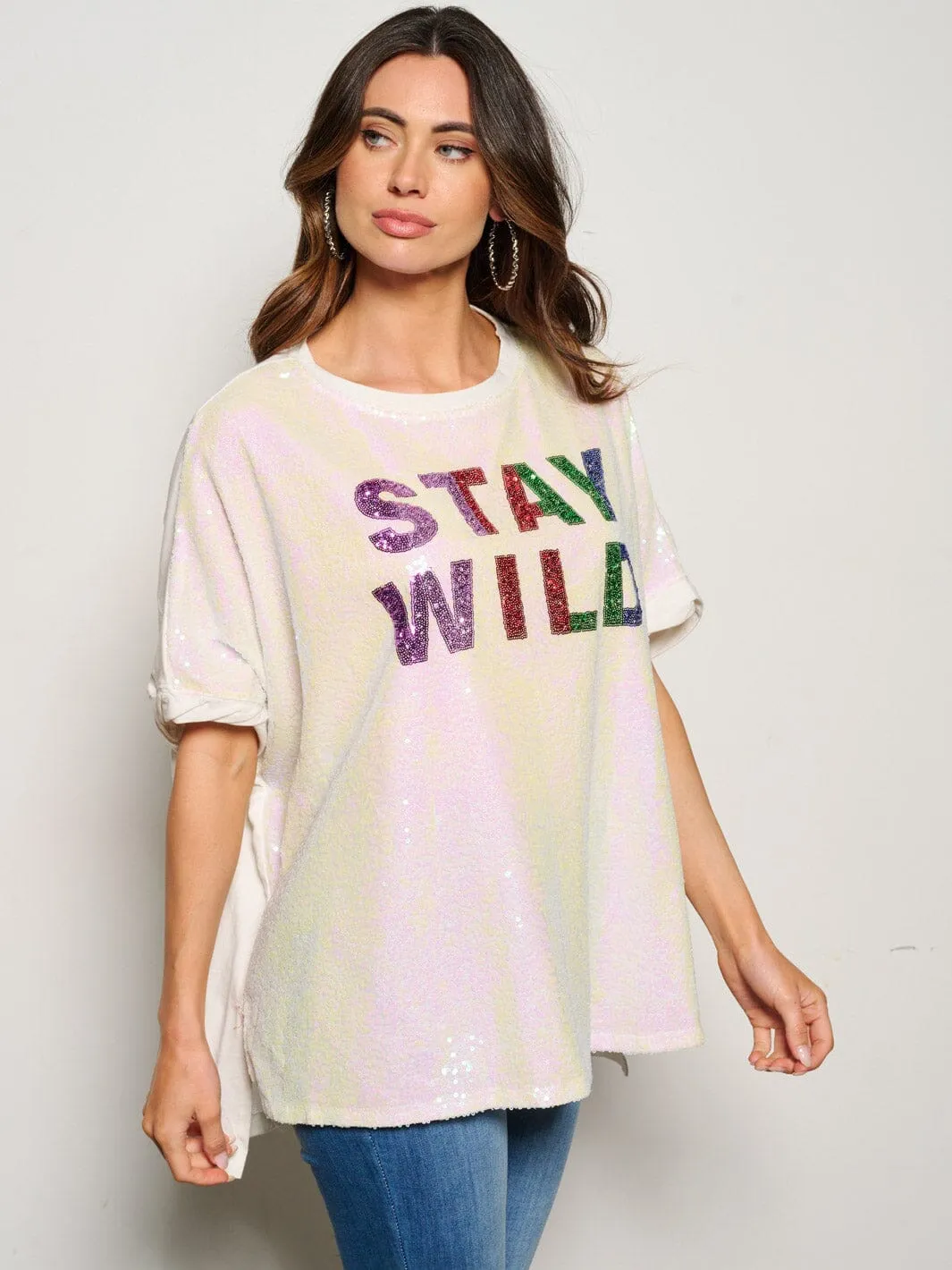 WOMEN'S SHORT SLEEVE STAY WILD SEQUINS GRAPHIC BLOUSE TOP