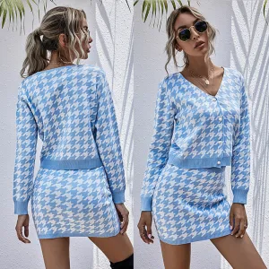 Women's Sky Blue Long Sleeve Houndstooth Skirt Set