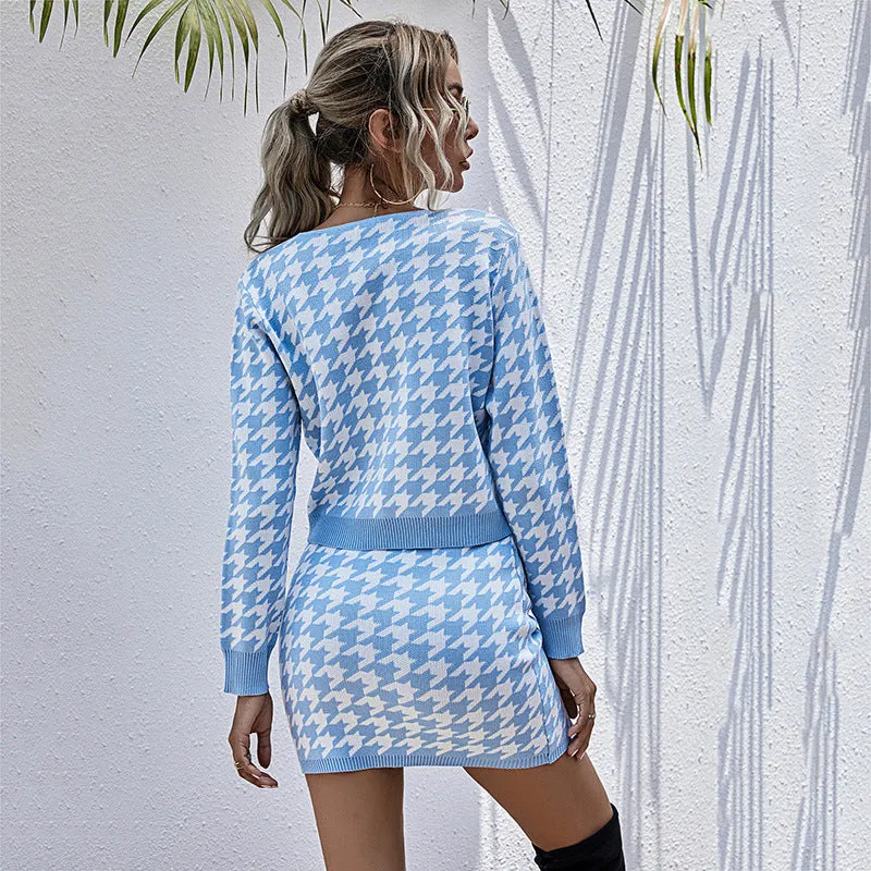 Women's Sky Blue Long Sleeve Houndstooth Skirt Set