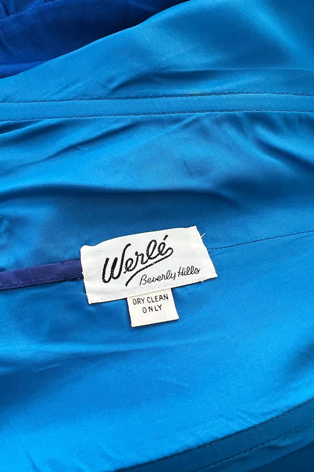 Wonderful 1980s Dan Werle Brillant Blue Silk Dress w Ruffled Off Shoulder Neckline
