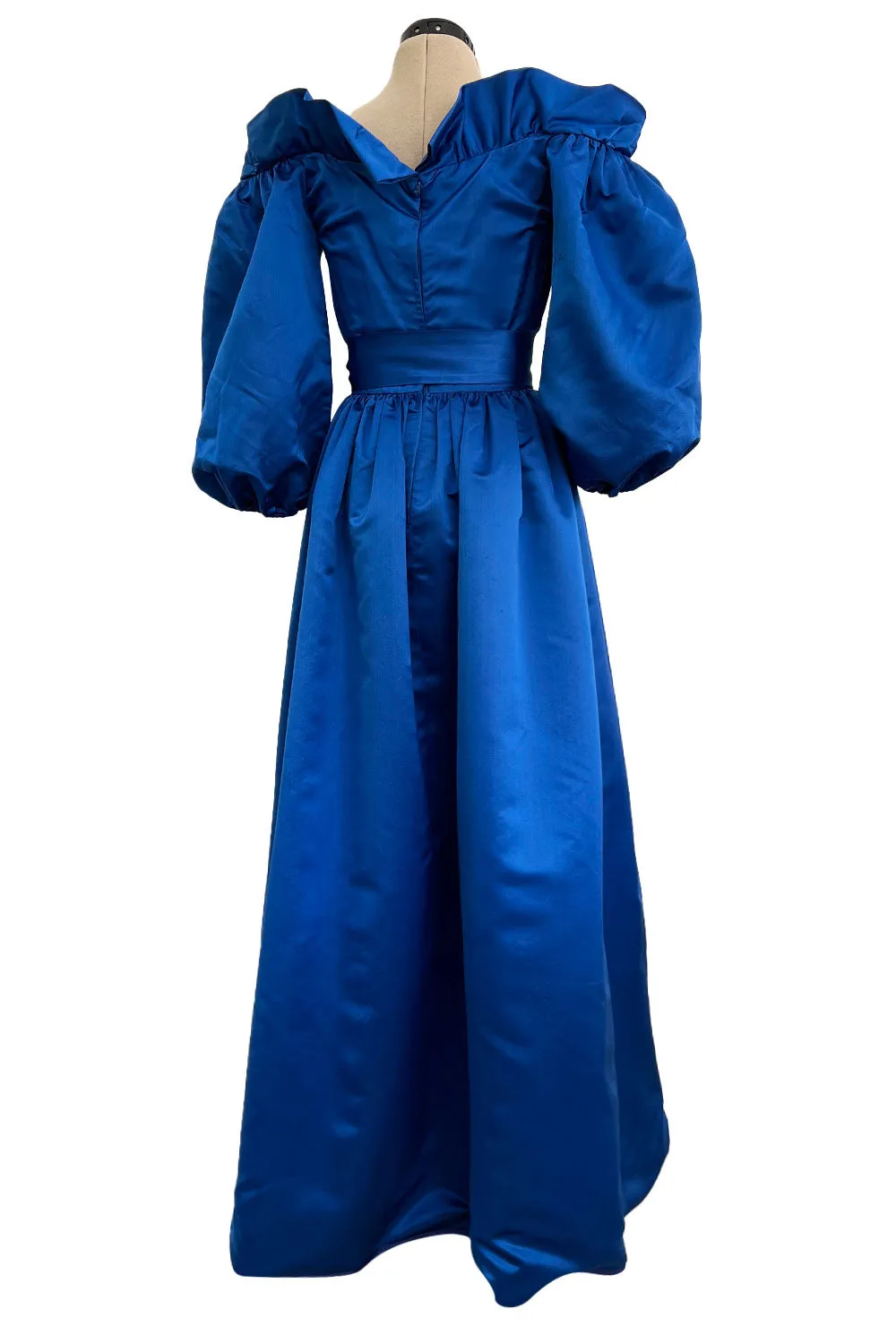Wonderful 1980s Dan Werle Brillant Blue Silk Dress w Ruffled Off Shoulder Neckline