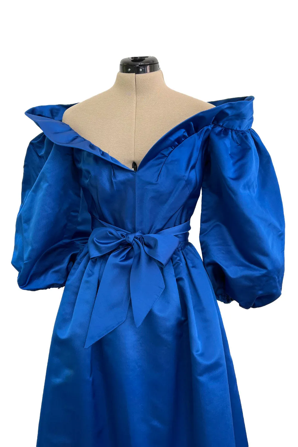 Wonderful 1980s Dan Werle Brillant Blue Silk Dress w Ruffled Off Shoulder Neckline