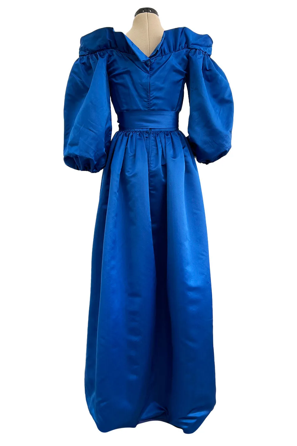 Wonderful 1980s Dan Werle Brillant Blue Silk Dress w Ruffled Off Shoulder Neckline