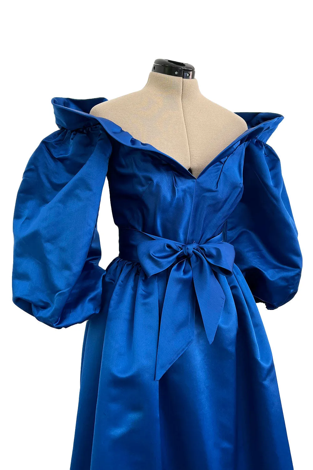 Wonderful 1980s Dan Werle Brillant Blue Silk Dress w Ruffled Off Shoulder Neckline