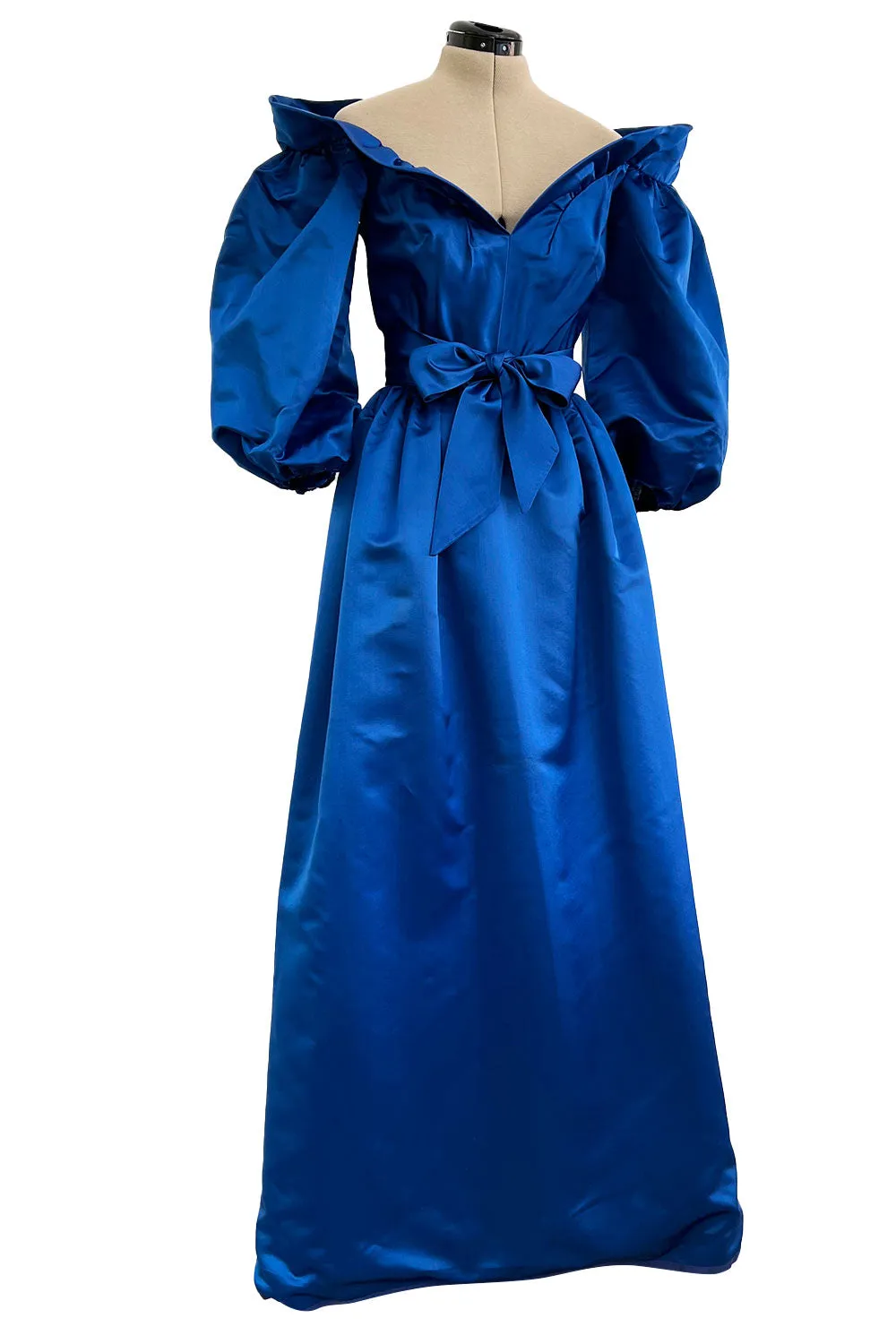 Wonderful 1980s Dan Werle Brillant Blue Silk Dress w Ruffled Off Shoulder Neckline