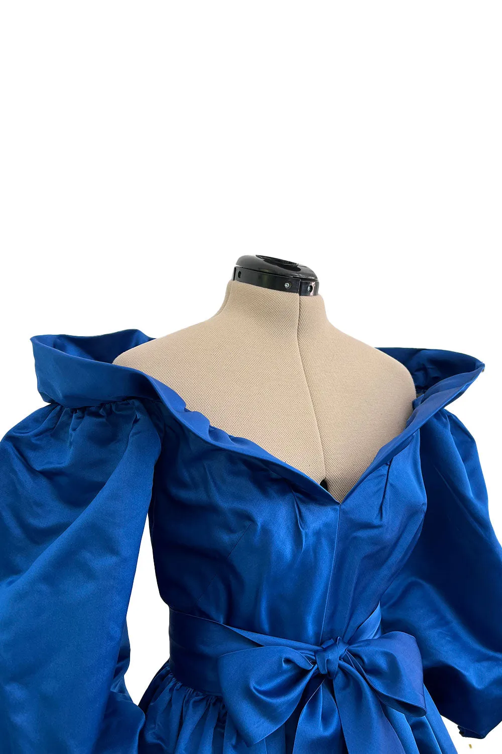 Wonderful 1980s Dan Werle Brillant Blue Silk Dress w Ruffled Off Shoulder Neckline