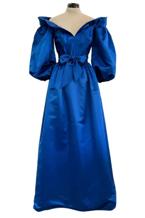 Wonderful 1980s Dan Werle Brillant Blue Silk Dress w Ruffled Off Shoulder Neckline