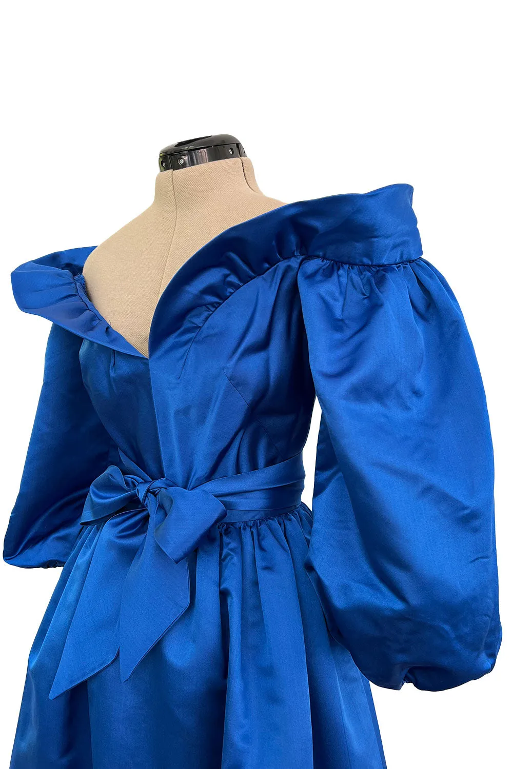 Wonderful 1980s Dan Werle Brillant Blue Silk Dress w Ruffled Off Shoulder Neckline