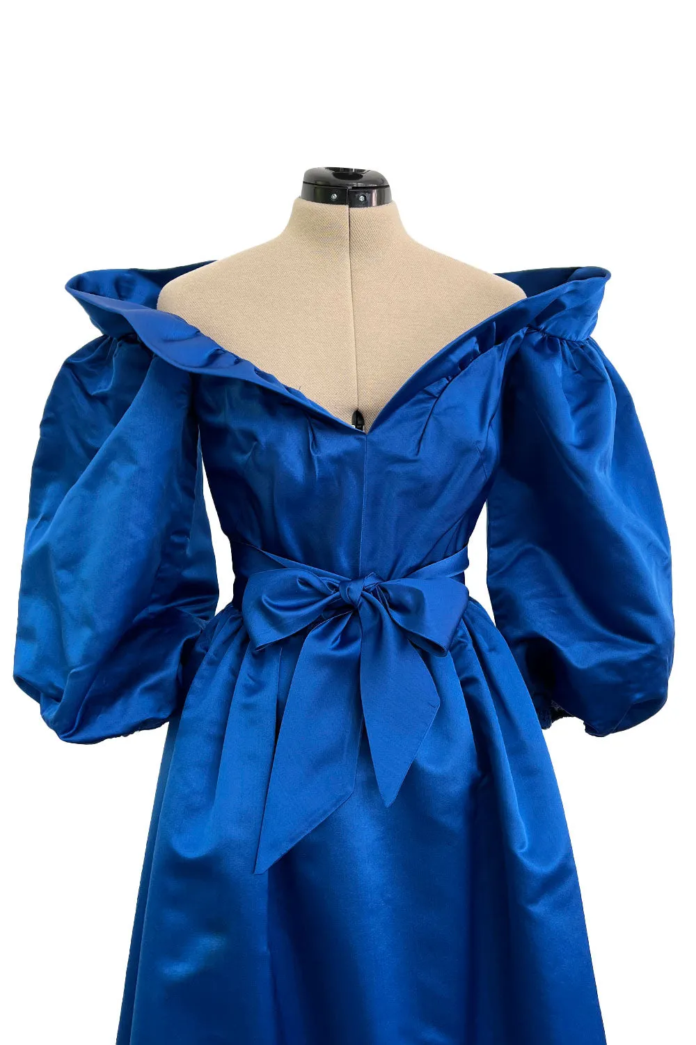 Wonderful 1980s Dan Werle Brillant Blue Silk Dress w Ruffled Off Shoulder Neckline