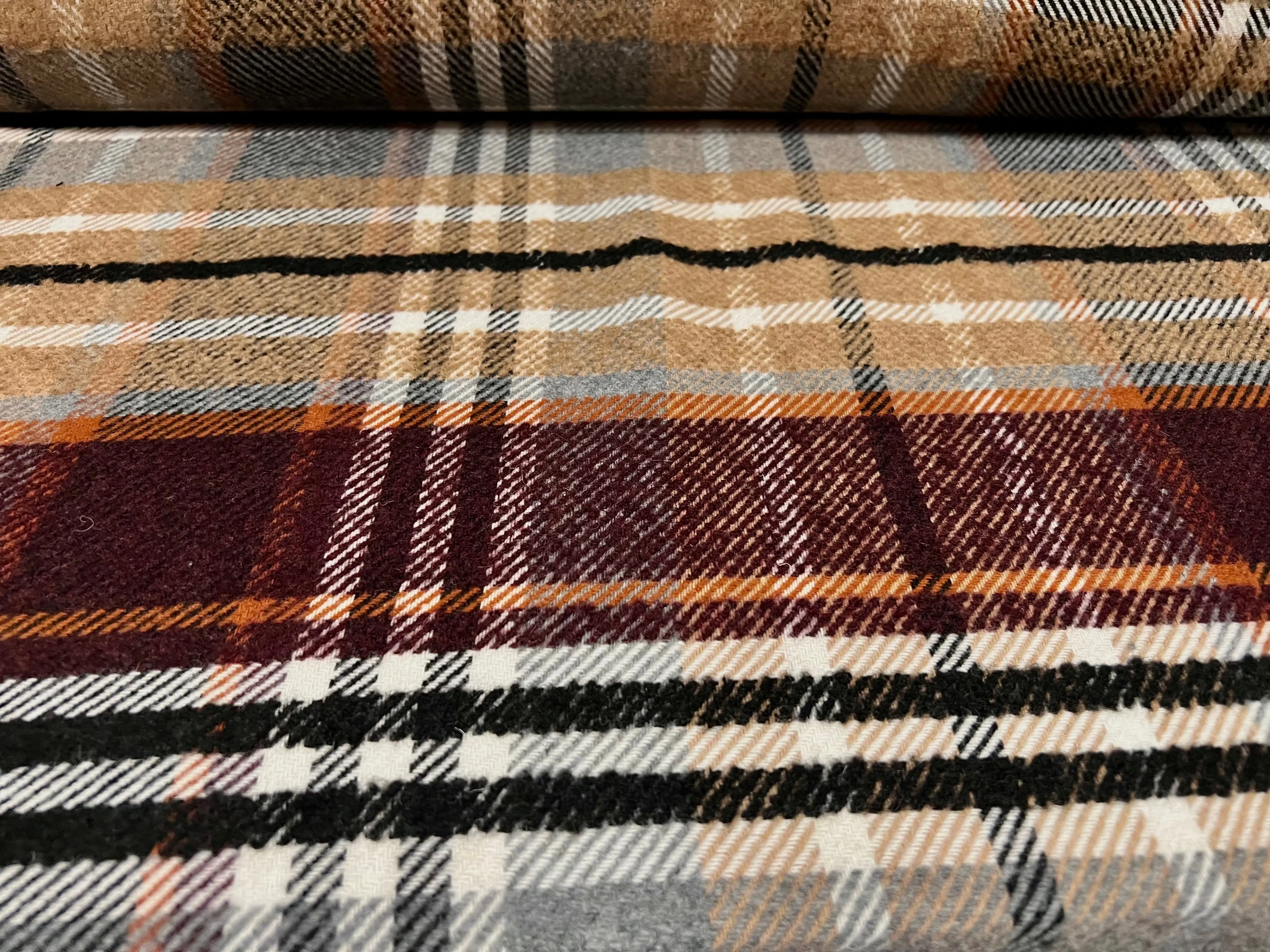 Wool blend bouclé fabric, per metre - check - plum & tan