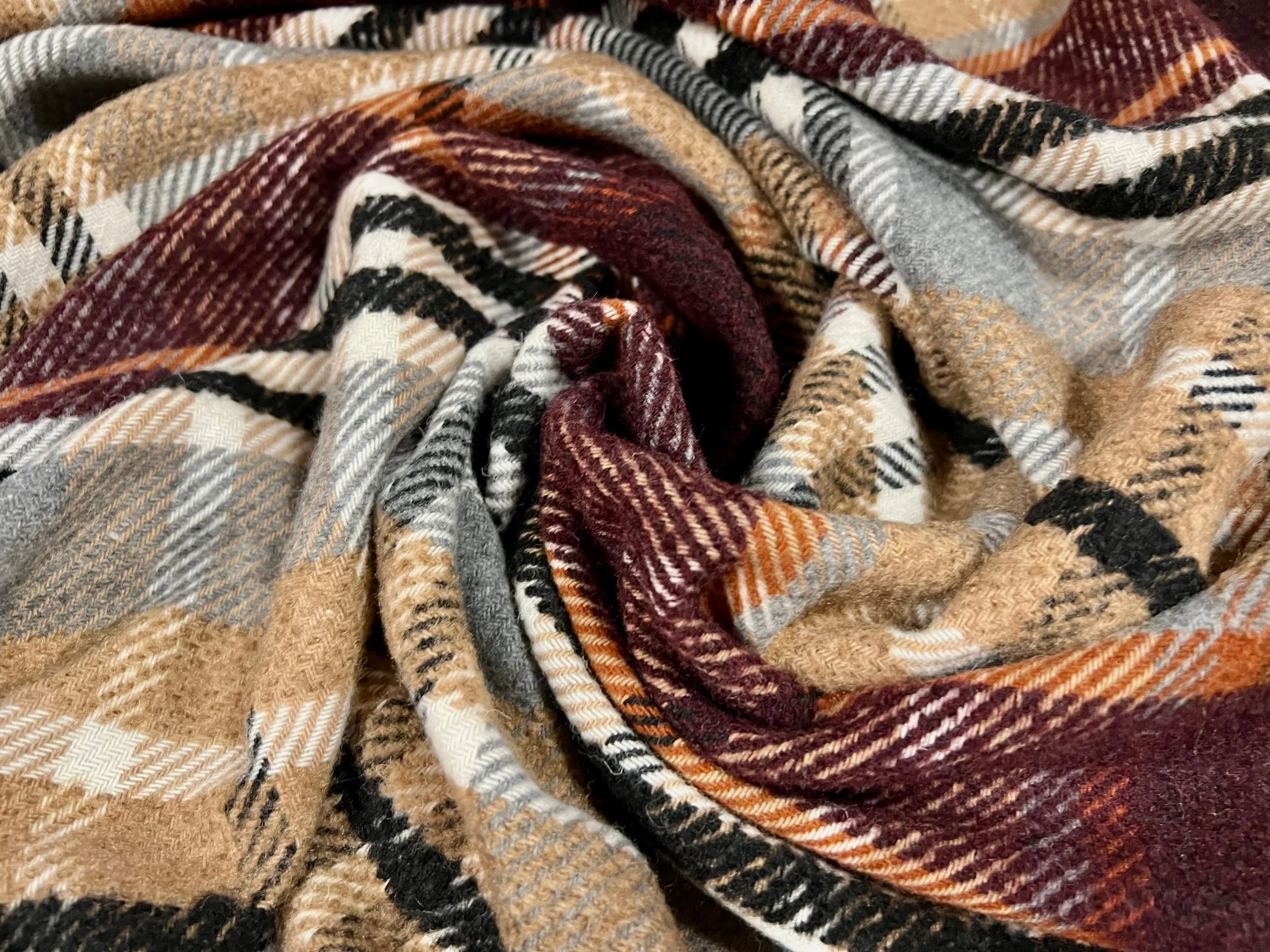 Wool blend bouclé fabric, per metre - check - plum & tan