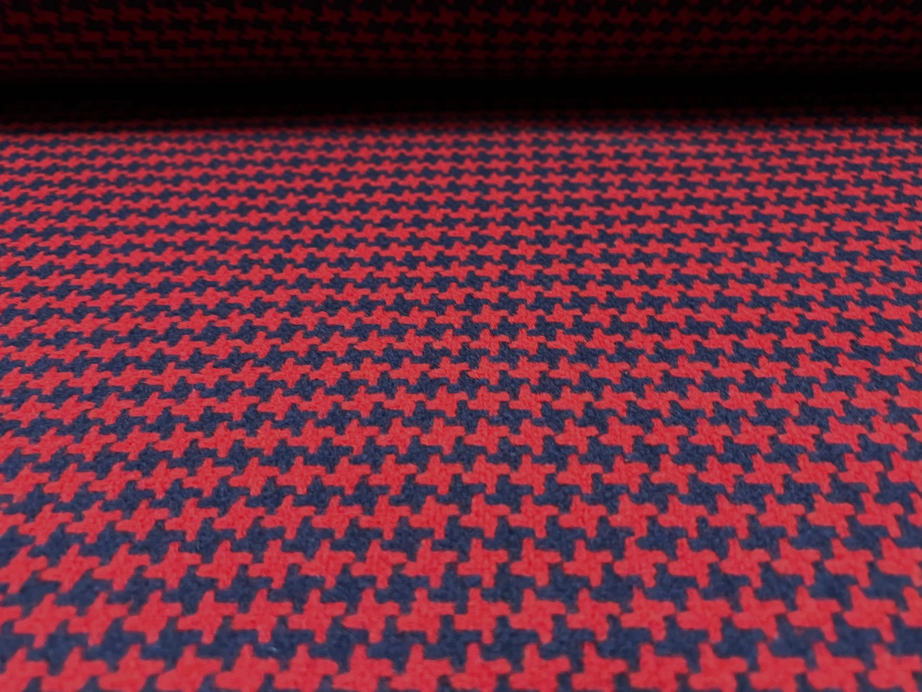 Wool blend bouclé fabric, per metre - dogtooth jacquard - wine & navy blue