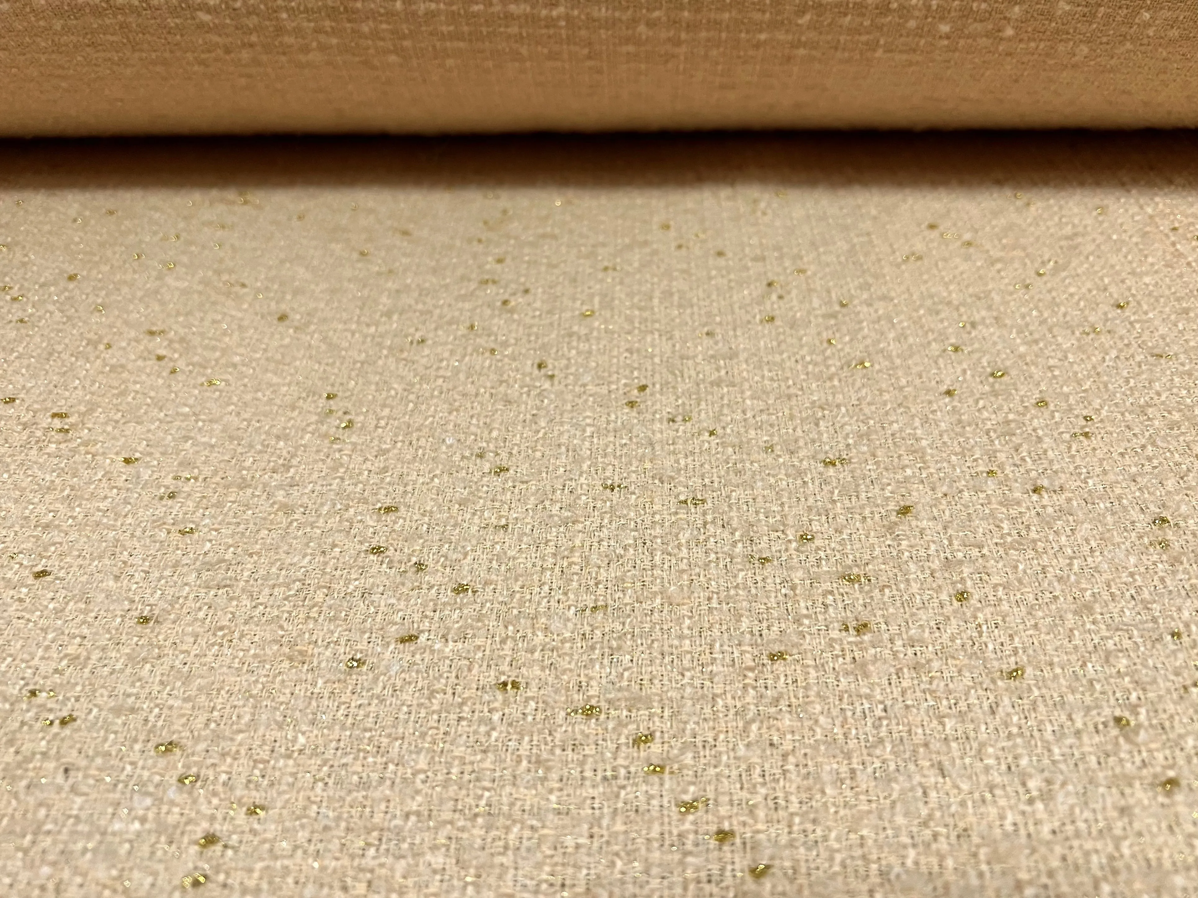 Wool blend bouclé heavyweight fabric with lurex sparkle, per metre - clotted cream & gold metallic