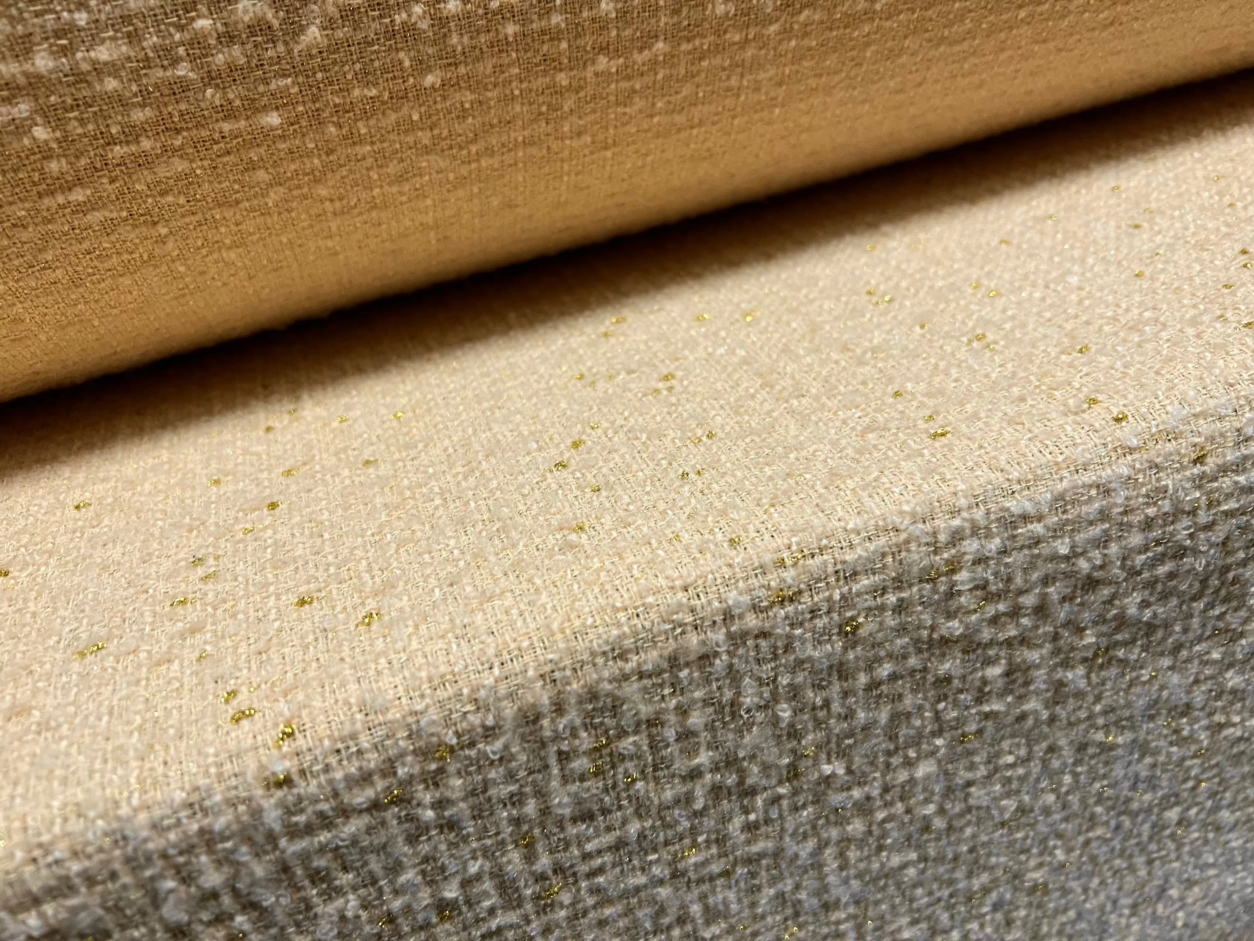 Wool blend bouclé heavyweight fabric with lurex sparkle, per metre - clotted cream & gold metallic