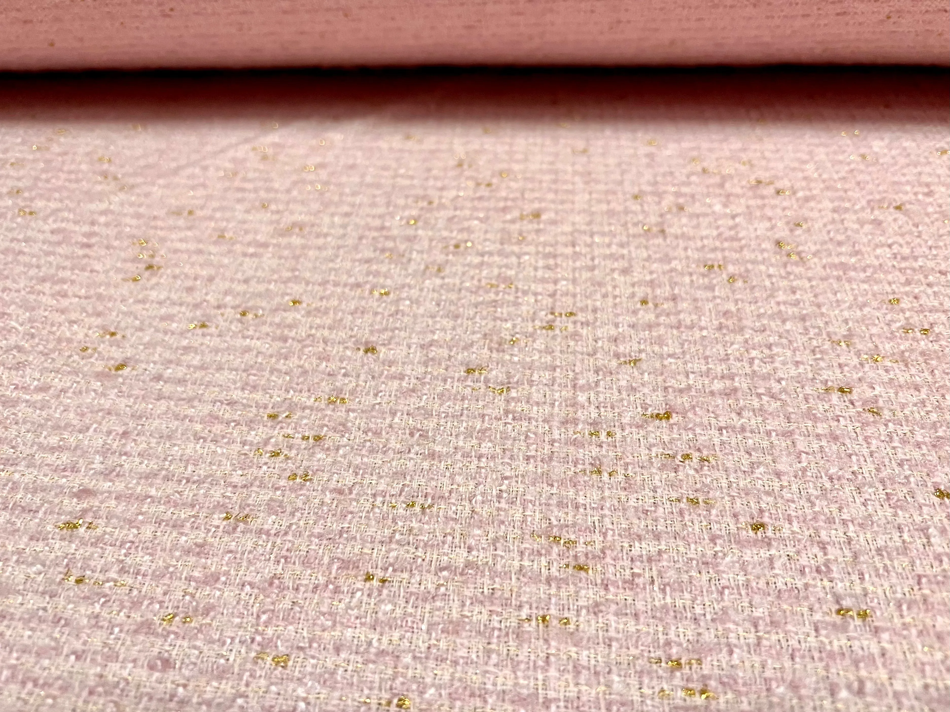 Wool blend bouclé heavyweight fabric with lurex sparkle, per metre - pink & gold metallic