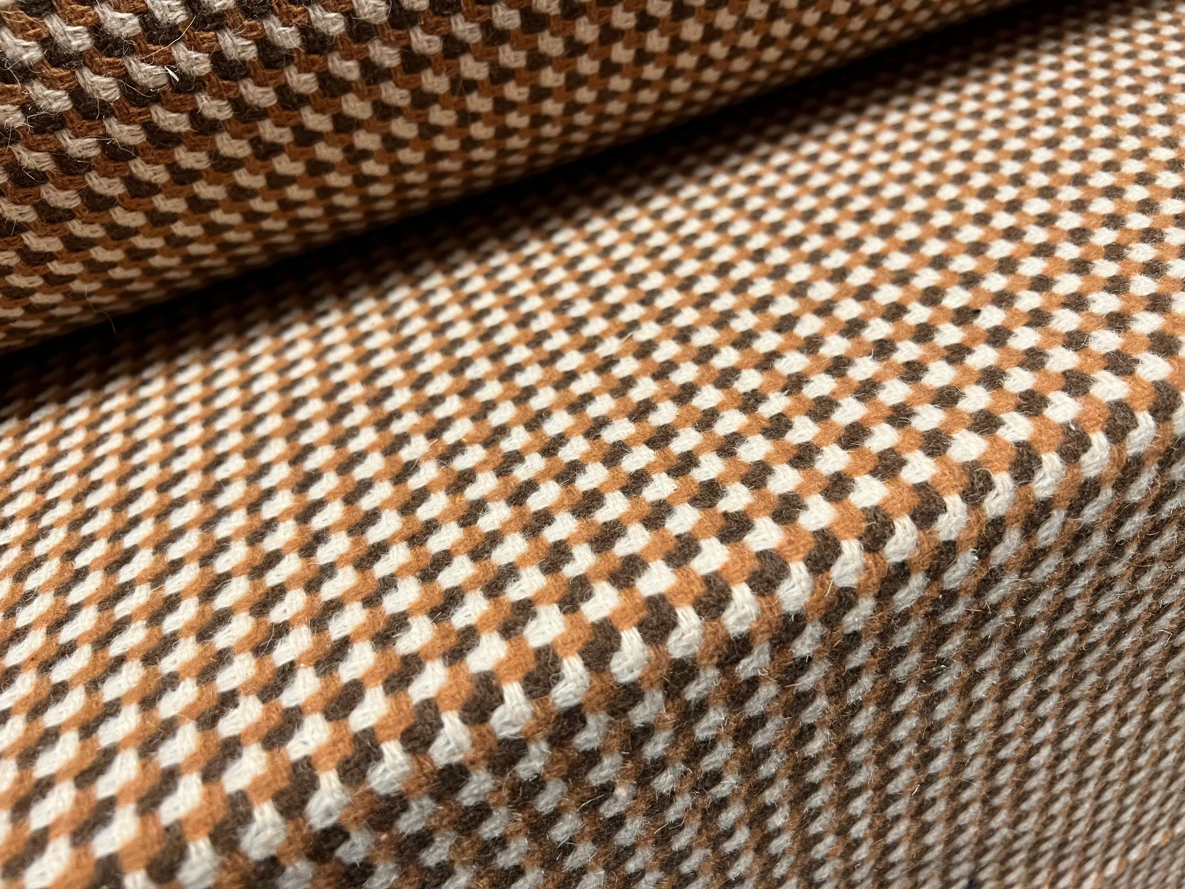 Wool blend bouclé jacquard fabric, per metre - geometric design - caramel & cream