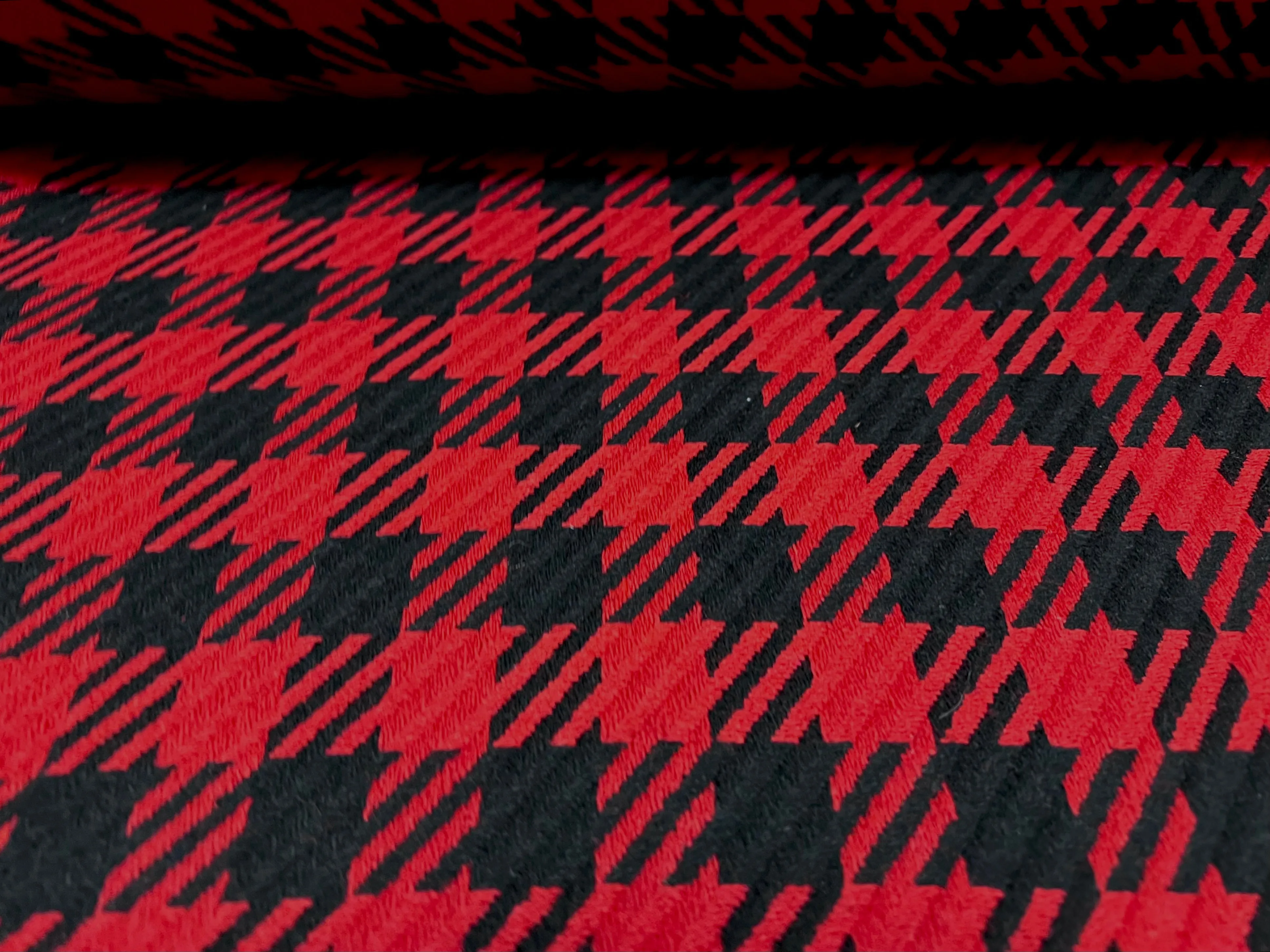 Wool blend heavyweight jacquard fabric, per metre - houndstooth - red & black
