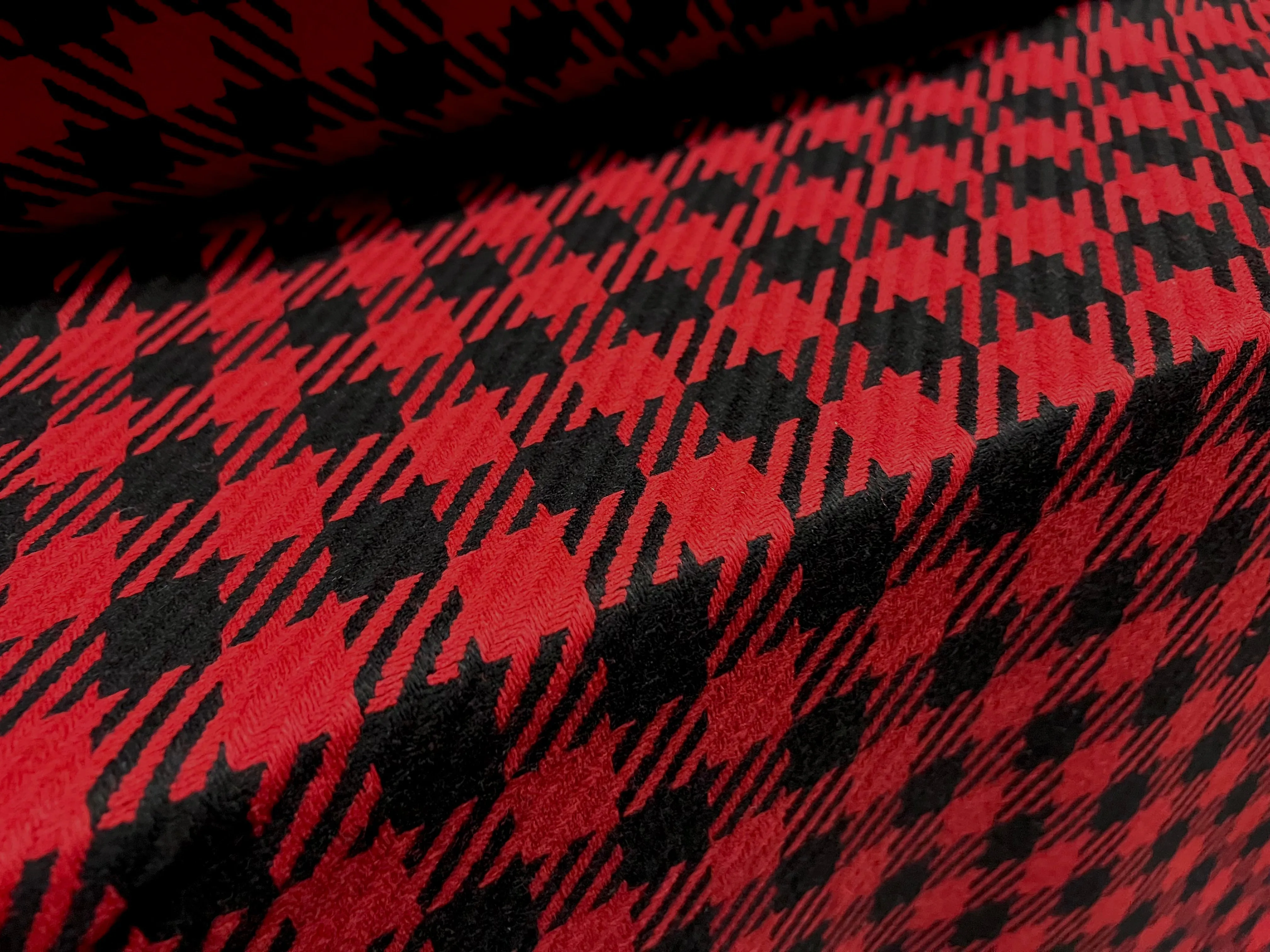Wool blend heavyweight jacquard fabric, per metre - houndstooth - red & black