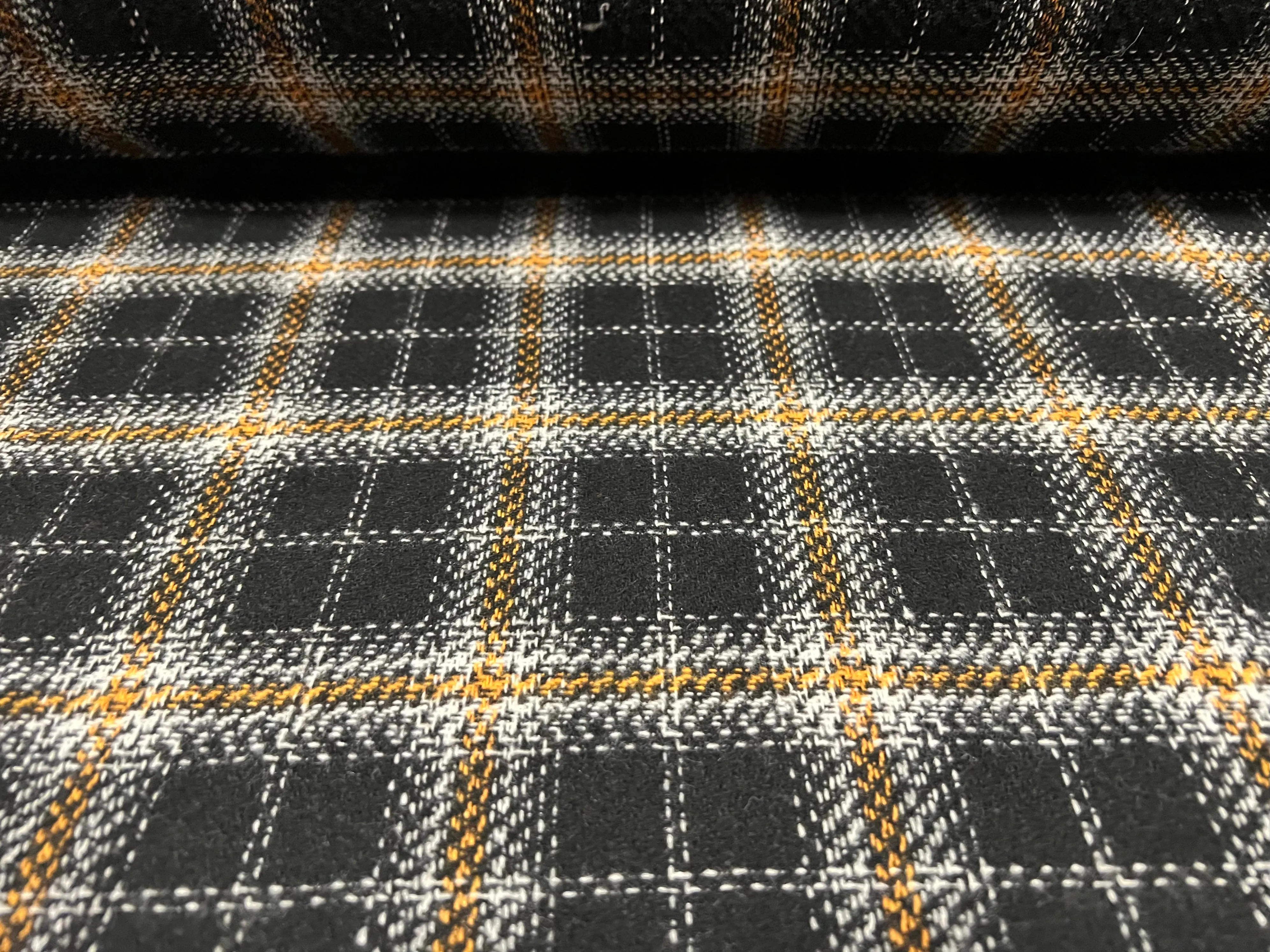 Wool mouflon flannel fabric, per metre - tartan check - black & amber