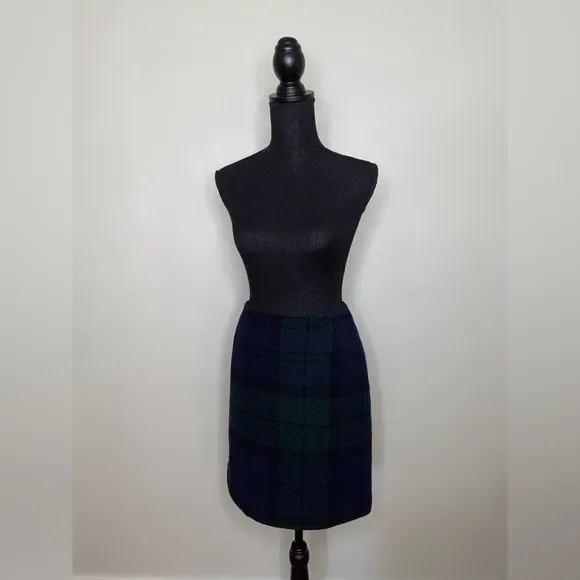 Wool Skirt Eddie Bauer Plaid Navy Blue &amp; Green Size 10