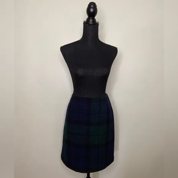 Wool Skirt Eddie Bauer Plaid Navy Blue &amp; Green Size 10