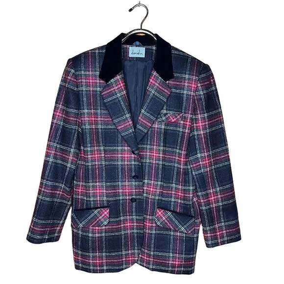 Wool Tartan Plaid Jacket Size Large Vintage 90s David N Velvet Collar Classic