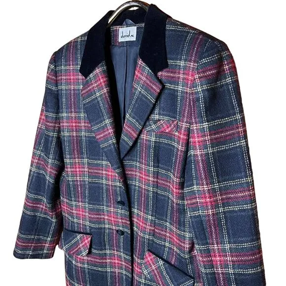 Wool Tartan Plaid Jacket Size Large Vintage 90s David N Velvet Collar Classic
