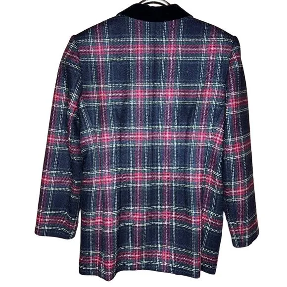 Wool Tartan Plaid Jacket Size Large Vintage 90s David N Velvet Collar Classic