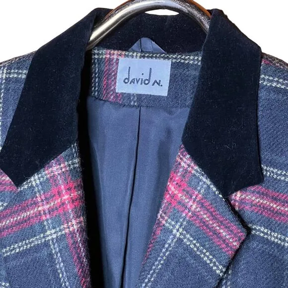 Wool Tartan Plaid Jacket Size Large Vintage 90s David N Velvet Collar Classic