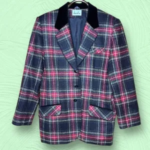 Wool Tartan Plaid Jacket Size Large Vintage 90s David N Velvet Collar Classic