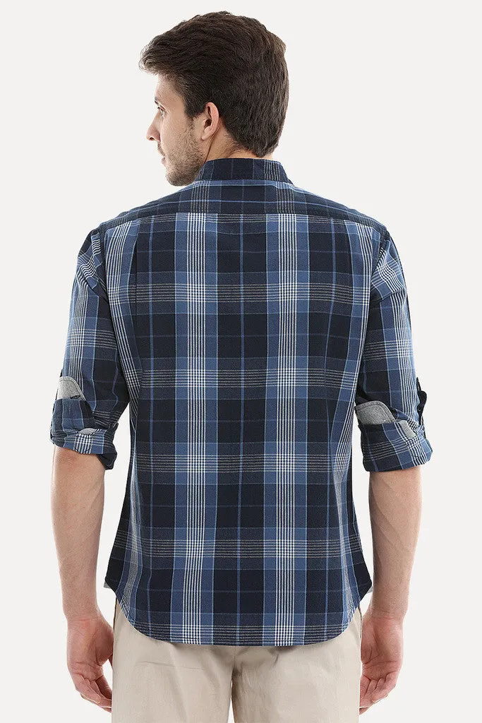 Woven Madras Plaid Collarless Shirt