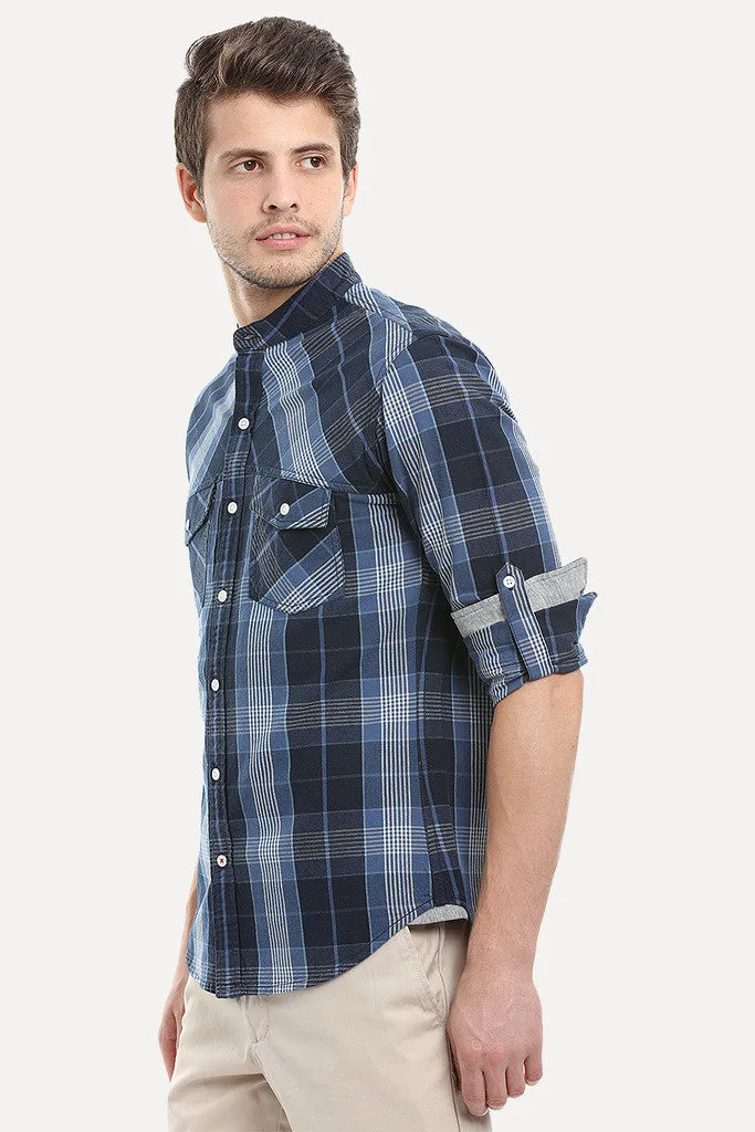 Woven Madras Plaid Collarless Shirt