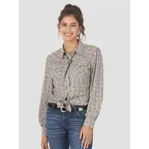 Wrangler Women's Wrangler Retro® Long Sleeve Western Snap Plaid Overprint Top in Grey Multi