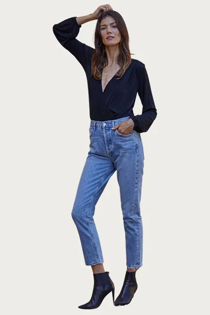 WRAP-EFFECT STRETCH-JERSEY BODYSUIT
