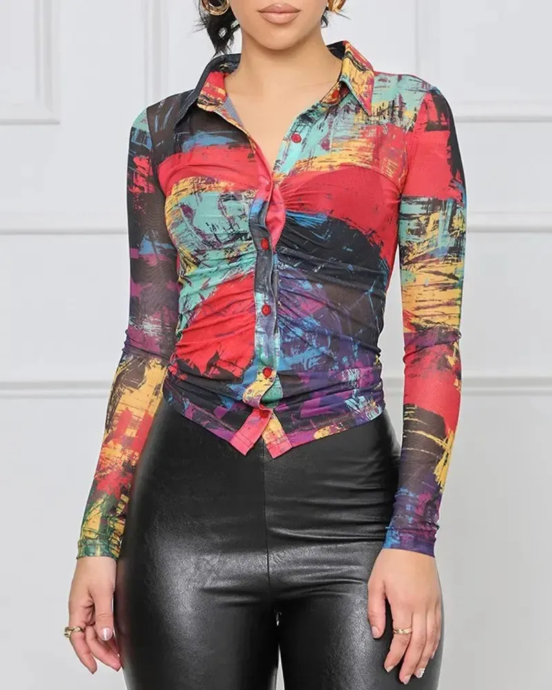 Xieyinshe - Abstract Print Button-Down Long Sleeve Top