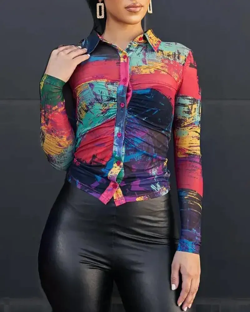 Xieyinshe - Abstract Print Button-Down Long Sleeve Top