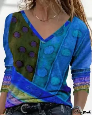 Xieyinshe - Abstract Print V-Neck Long Sleeve Color Block Top