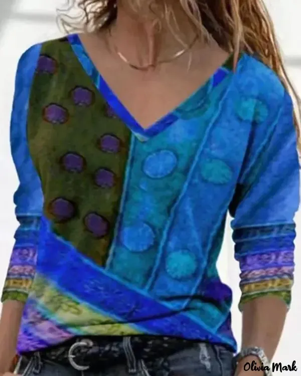 Xieyinshe - Abstract Print V-Neck Long Sleeve Color Block Top
