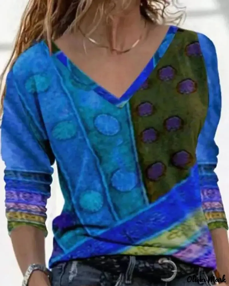 Xieyinshe - Abstract Print V-Neck Long Sleeve Color Block Top