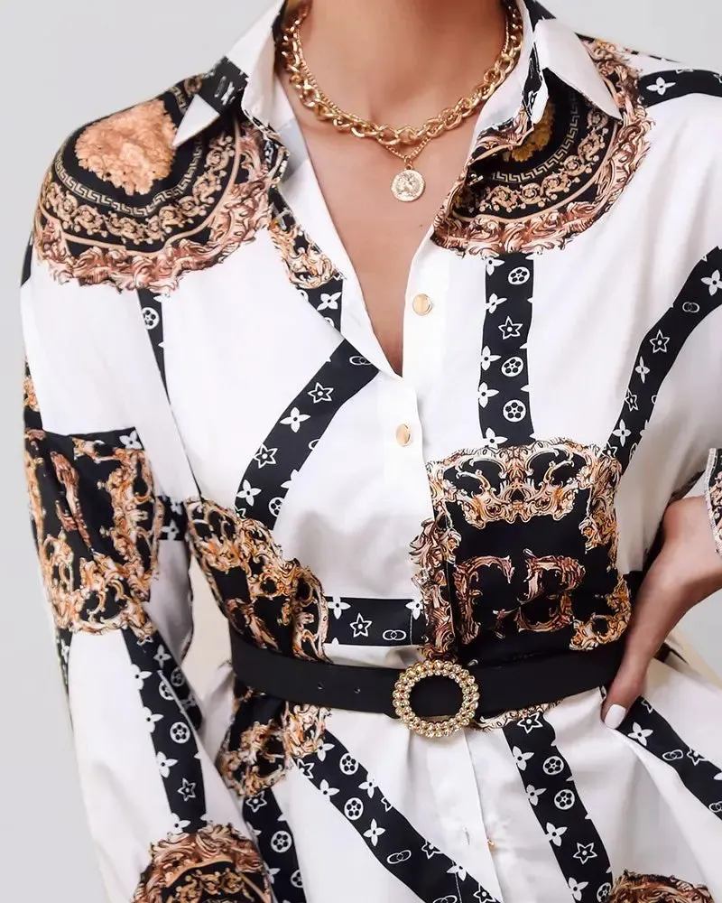 Xieyinshe - Baroque Print Button Down Long Sleeve Shirt